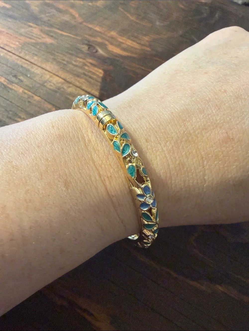 Gold Plated Blue Floral Enamel Bangle Bracelet Rhinestones